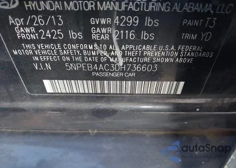 2013 Hyundai Sonata Gls из США, поврежденный, VIN 5NPEB4AC3DH736603